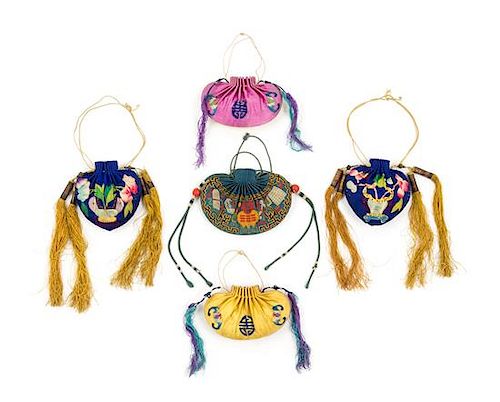 * Five Chinese Embroidered Silk Purses Length of largest 4 1/8 inches.