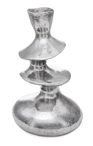 * A Contemporary English Silver Vase, Hiroshi Suzuki, Sheffield, 2002, of three tiered from with a spot-hammered finish througho