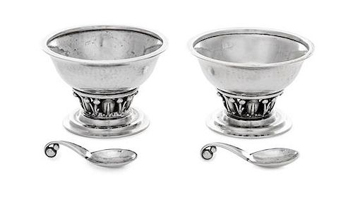 * A Pair of Danish Silver Salts, Georg Jensen Silversmithy, Copenhagen, Circa 1940, model 180 with conforming salt spoons.