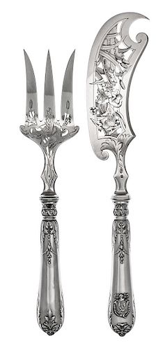 * Two French Silver Fish Serving Articles, Paul Tallois, Paris, 19th Century, the openwork decorated slice and fork worked with