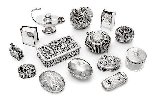* A Group of Fourteen Silver Boxes and Decorative Items, various makers, comprising a Chinese export silver quadruple medicine b