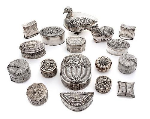 * A Group of Seventeen Silver Boxes, Chinese, Indian and Persian, 19th Century and Later, comprising three Chinese export silver
