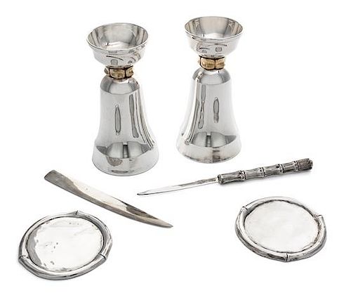 * A Group of Six Silver Articles, Various makers, 20th Century, comprising a pair of candlesticks, two coasters and two letter o