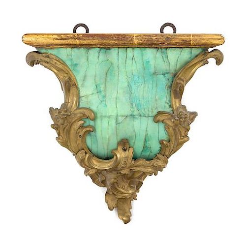 * A Louis XV Style Gilt Bronze Mounted and Green Lacquered Bracket Height 13 x width 12 x depth 3 1/2 inches.