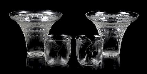 * A Pair of Lalique Glasses and a Pair of Shot Glasses Height of tallest 3 1/8 inches.