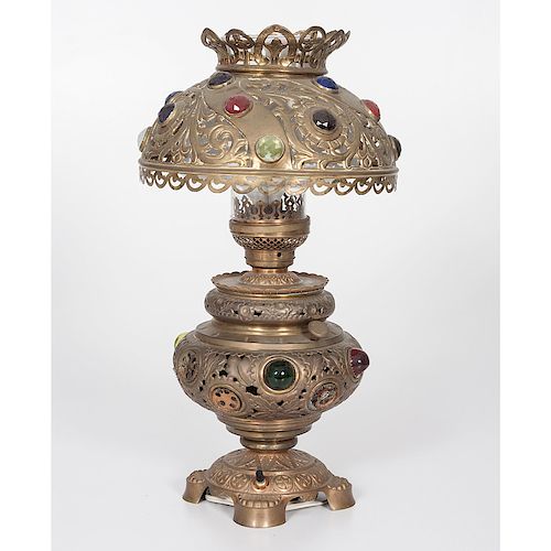 Victorian-style Jeweled Duplex Lamp by Edward Miller & Co