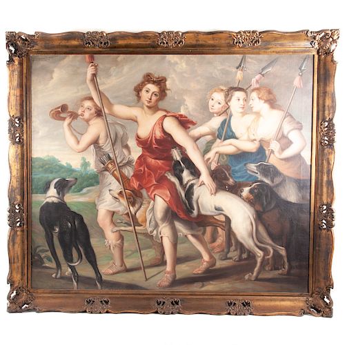 "La Caza de Diana" Siglo XX. Reproducción por Enrique Lagarez de Peter Paul Rubens. Óleo sobre tela. Firmada por el reproductor.