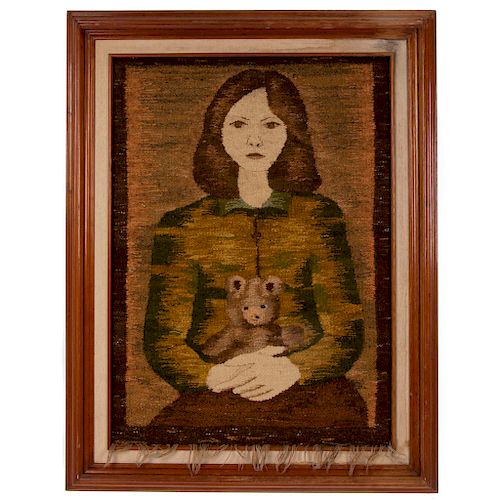 Tapiz. Polonia. Siglo XX. Retrato de mujer. Bordado en lana. Enmarcado en madera tallada.