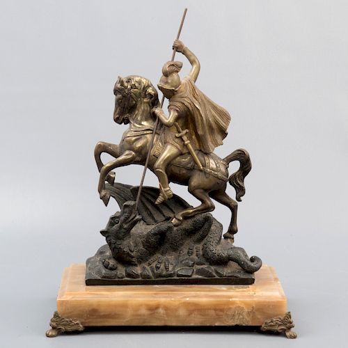 San Jorge y el dragón. Siglo XX. Elaborado en bronce patinado. Con base de ónix.