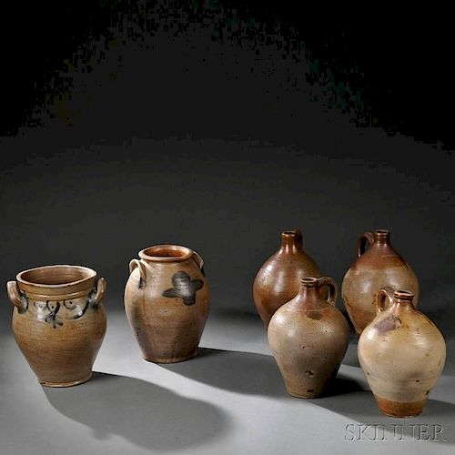 Four Salt-glazed Stoneware Jugs and Two Crocks