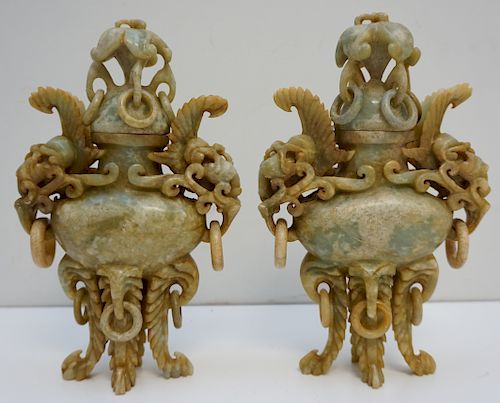 PAIR CHINESE ELABORATELY CARVED JADE CENSERS