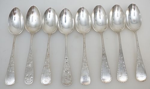 8 ANTIQUE STERLING ETCHED TEASPOONS