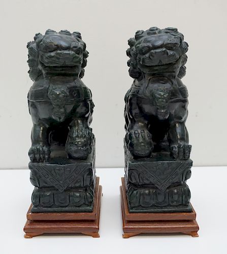 FINE PAIR OF SPINACH GREEN JADE FOO DOGS