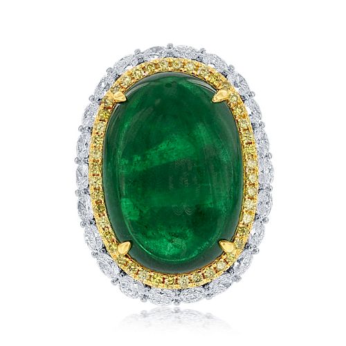 18K Gold 32.88ct. Emerald Cabochon Diamond Ring