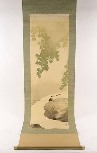 Japanese Silk Hanging Scroll w/ Bird by Stream