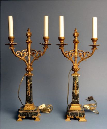 PR OF FRENCH MARBLE & ORMOLU DOUBLE BRANCH CANDLE