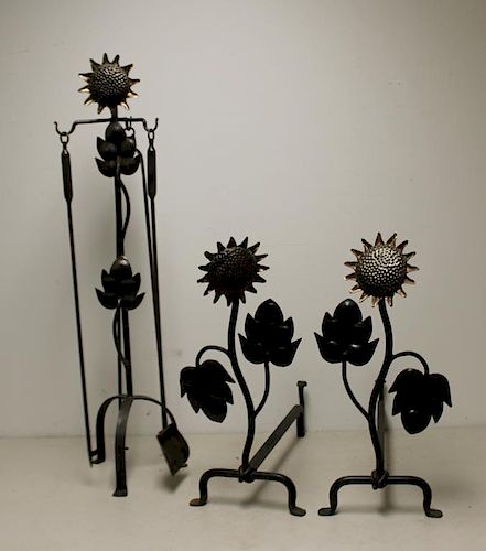 Iron Sunflower Form Andirons and Tools.