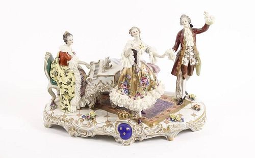 16" Dresden Lace Volkstedt Figural Grouping, Piano