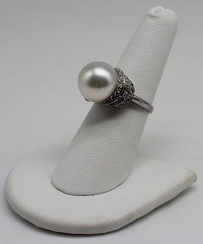 JEWELRY. Signed 18kt Gold, Pearl, and Diamond Ring