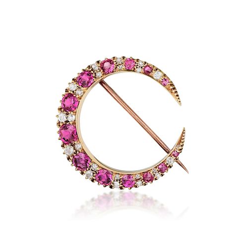 Antique Pink Sapphire and Diamond Crescent Pin