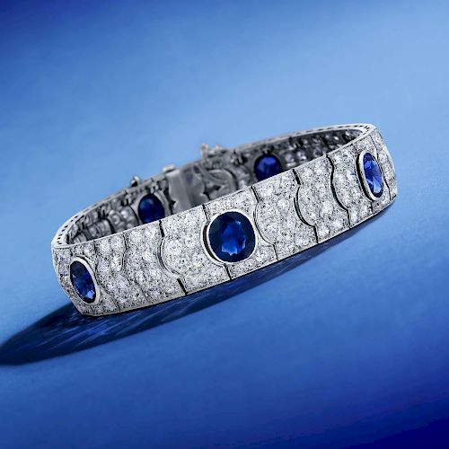 Art Deco Unheated Burmese Sapphire and Diamond Bracelet, French