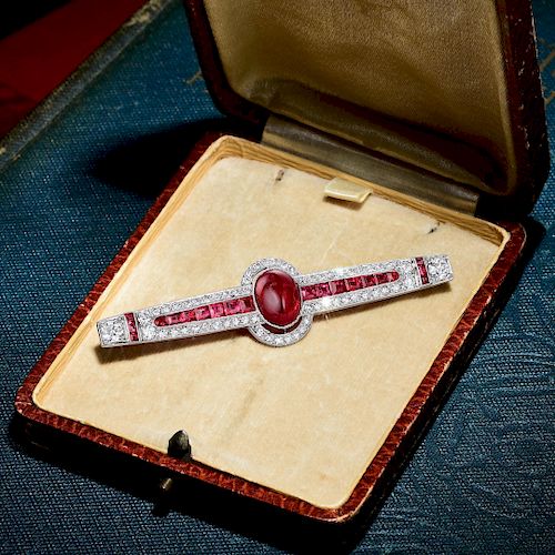 Art Deco 6.36-Carat Unheated Burmese Ruby and Diamond Platinum Brooch