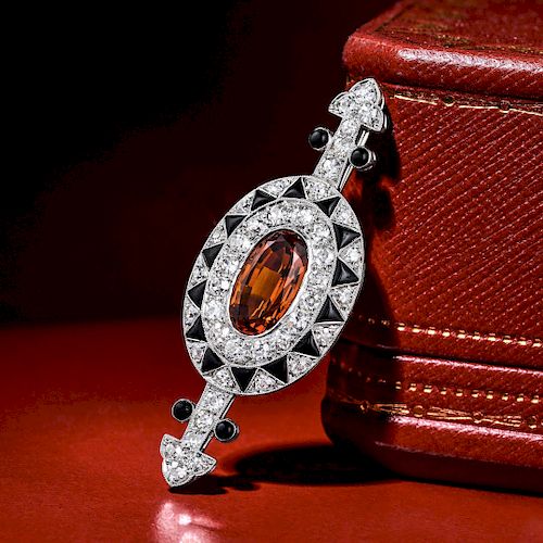 Cartier Art Deco Citrine Diamond and Onyx Pin