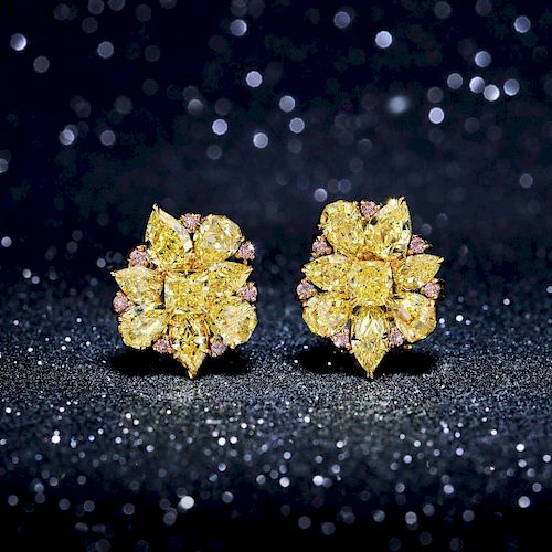 A Pair of Fancy Yellow and Pink Diamond Earclips