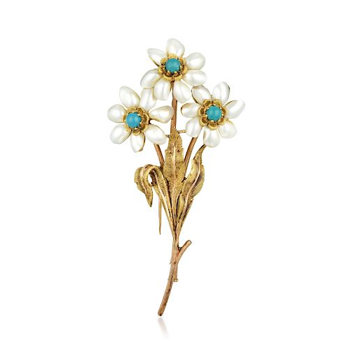 Mario Buccellati Turquoise and Mother of Pearl Brooch