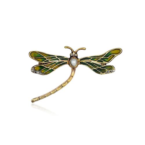 Art Nouveau Pearl Diamond and Enamel Dragonfly Pin