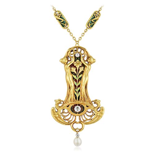 Art Nouveau Diamond and Enamel Pendant Necklace