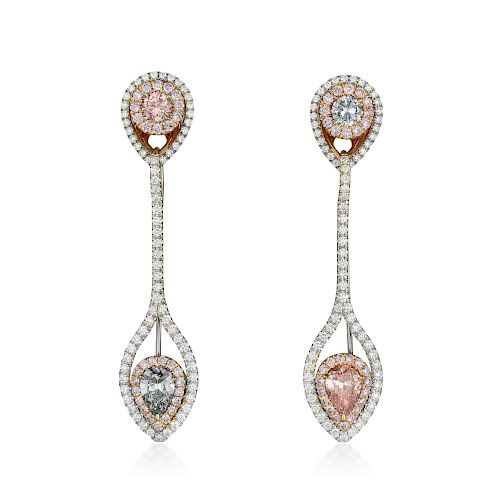 A Pair of Pink and Blue Diamond Earrings