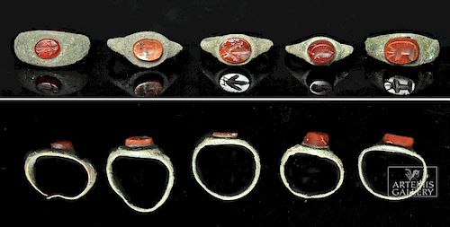 Lot of 5 Roman Bronze Rings w/ Carnelian Intaglios