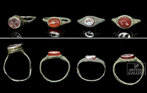 Lot of 4 Roman Bronze & Silver Carnelian Intaglio Rings
