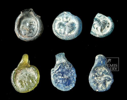 Lot of 6 Roman Judean Glass Pendants, Stamped Images
