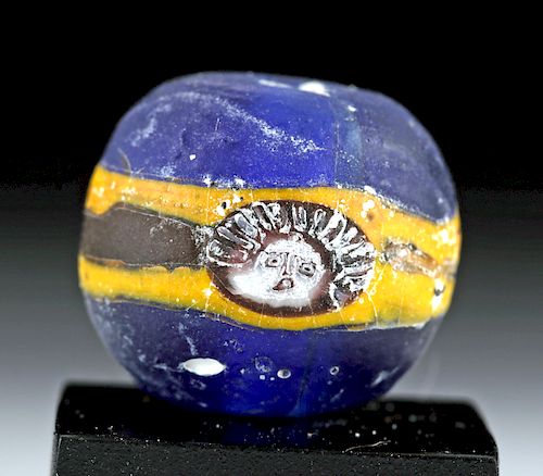 Roman Glass Face Bead - Cobalt Blue, Yellow, & White