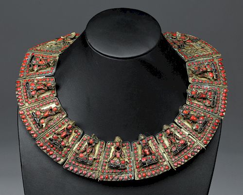 19th C. Tibetan Brass, Coral, & Glass Necklace - Buddha
