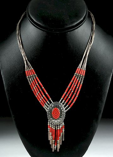20th C. Native American Silver & Coral Necklace - 17 g