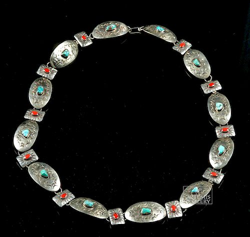 20th C. Navajo Silvered Brass, Turquoise, & Coral Belt
