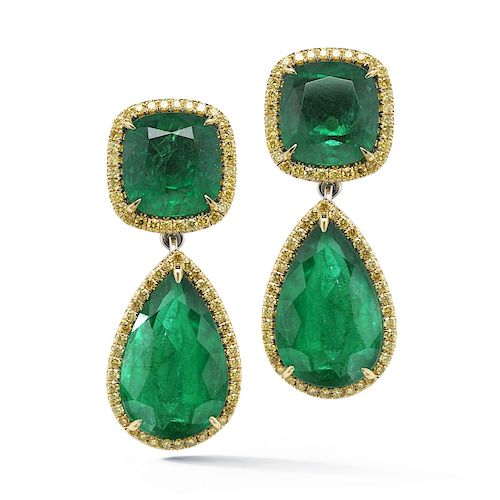 18K Gold 32.38ct. Emerald Diamond Earrings
