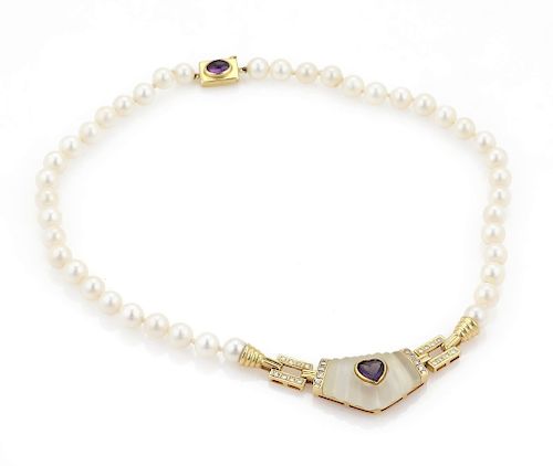 3.35ct Diamond Amethyst 18k Pearl Beaded Necklace