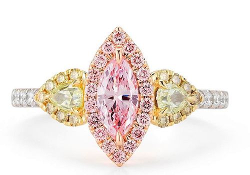 Rare GIA 18k Gold Pink Yellow & White Diamond Ring