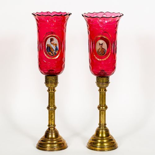 Pair Russian Brass Candlesticks, Glass Shades