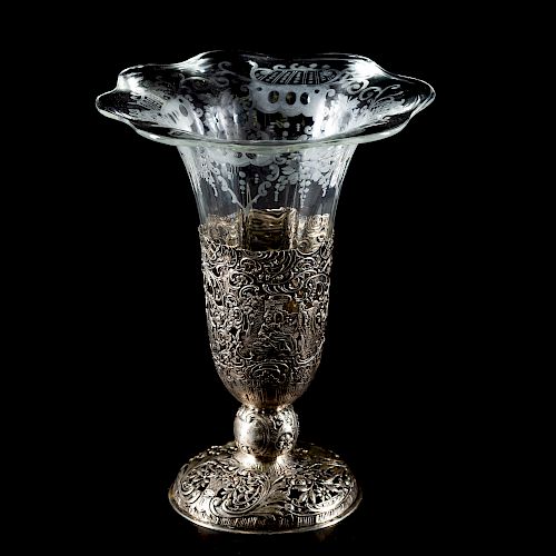 Continental Silver & Engraved Glass Vase
