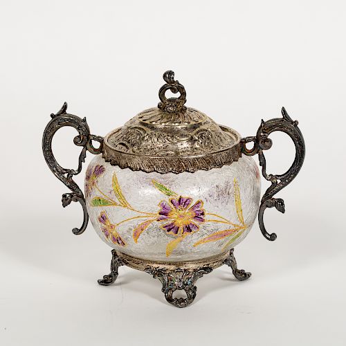 Enamel Decorated and SP Handled Sugar/Covered Jar