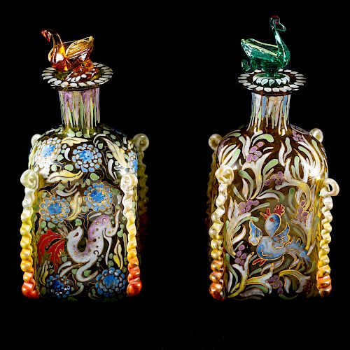 Pair of Lidded Moser Art Glass Decanters, Ciera