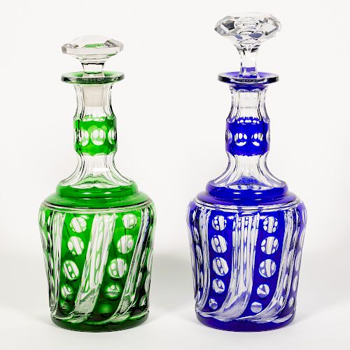 Two Cut to Clear Blue & Green Decanters