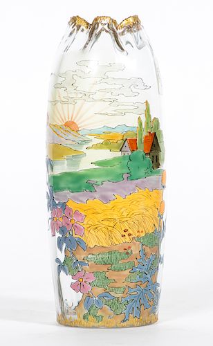 Bohemian Enameled Glass Vase, Landscape Scene
