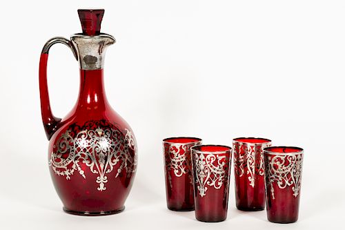 Ruby Glass Decanter and 4 Glasses w/ Silver Overla