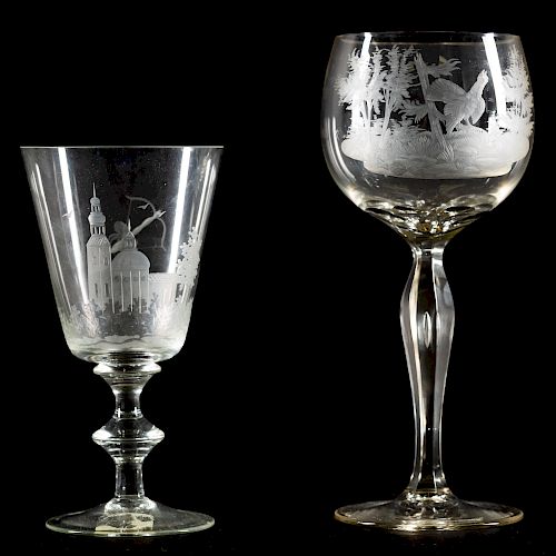 Two Engraved Oversize Wine Glasses